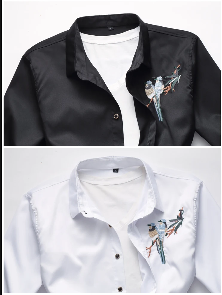 LONMMY плюс siz6XL 7XL Для мужчин рубашка птица вышитые рубашки с длинным рукавом Для мужчин платье slim fit Повседневное Блузки Новый 2018 черный белый
