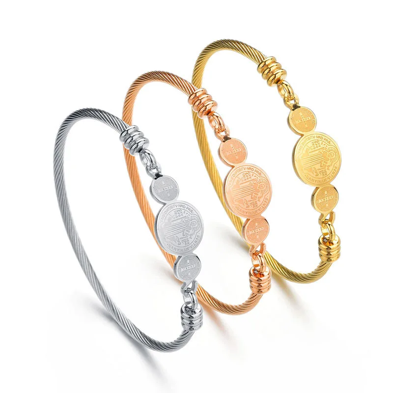 

2019 Religious San Benito Medal Cross Bracelet Bangle Rose Gold Silver Stainless Steel Open Wire Bangles for Women Men Jewelry