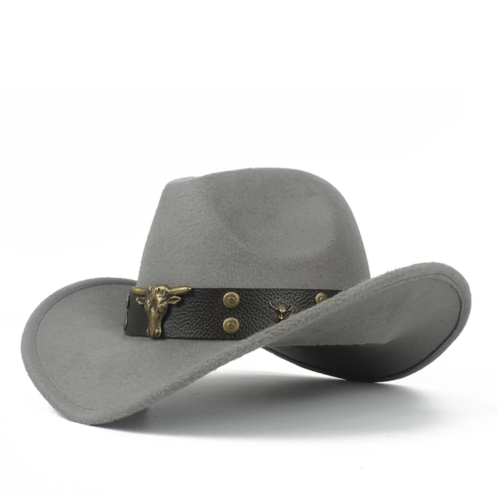 Крутая Детская шерстяная открытая западная ковбойская шляпа с откатными полями для мальчиков и девочек, Outblack Sombrero Hombre, джаз шляпа, размер 52-54 - Цвет: Gray