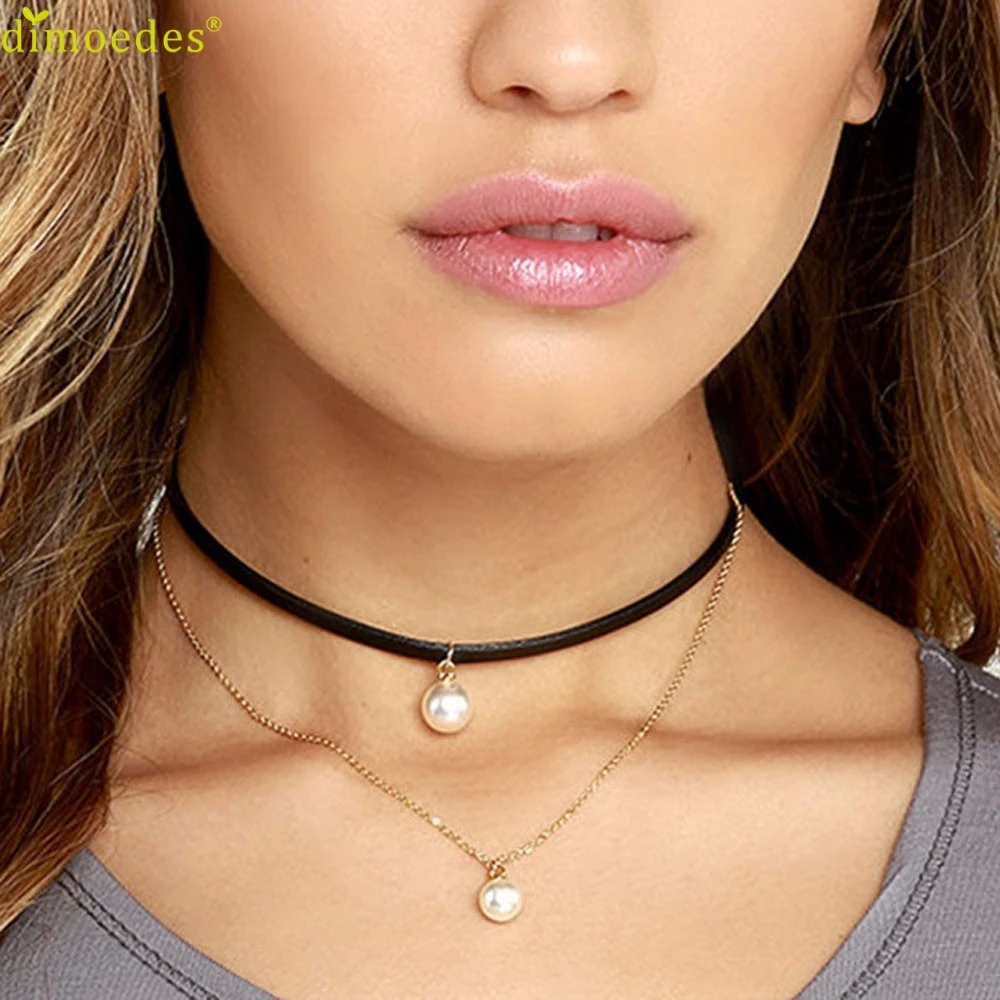 Gussy Life Wholesale Women Punk Flannel Pearl Double Chain Necklace