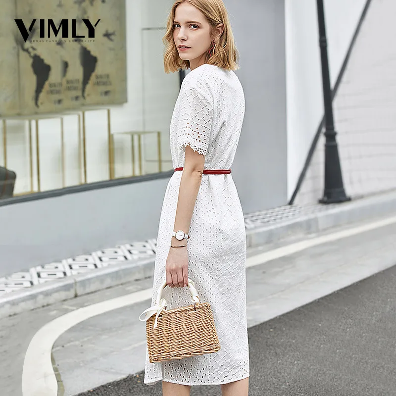 Женское кружевное платье Vimly белое/красное средней длины с треугольным вырезом и