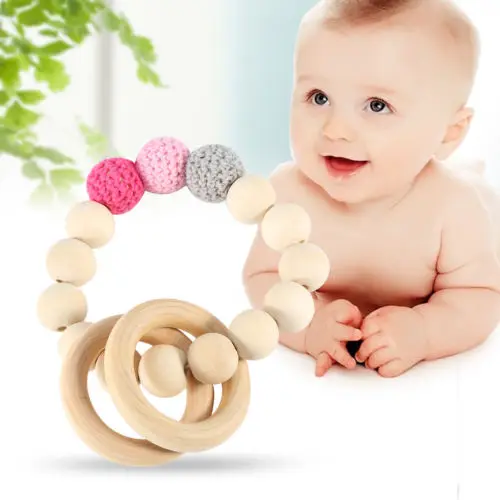 Natural Wooden Baby Teether Bracelet Crochet Beads Teething Ring Infant Toy Giftin Baby Rattles