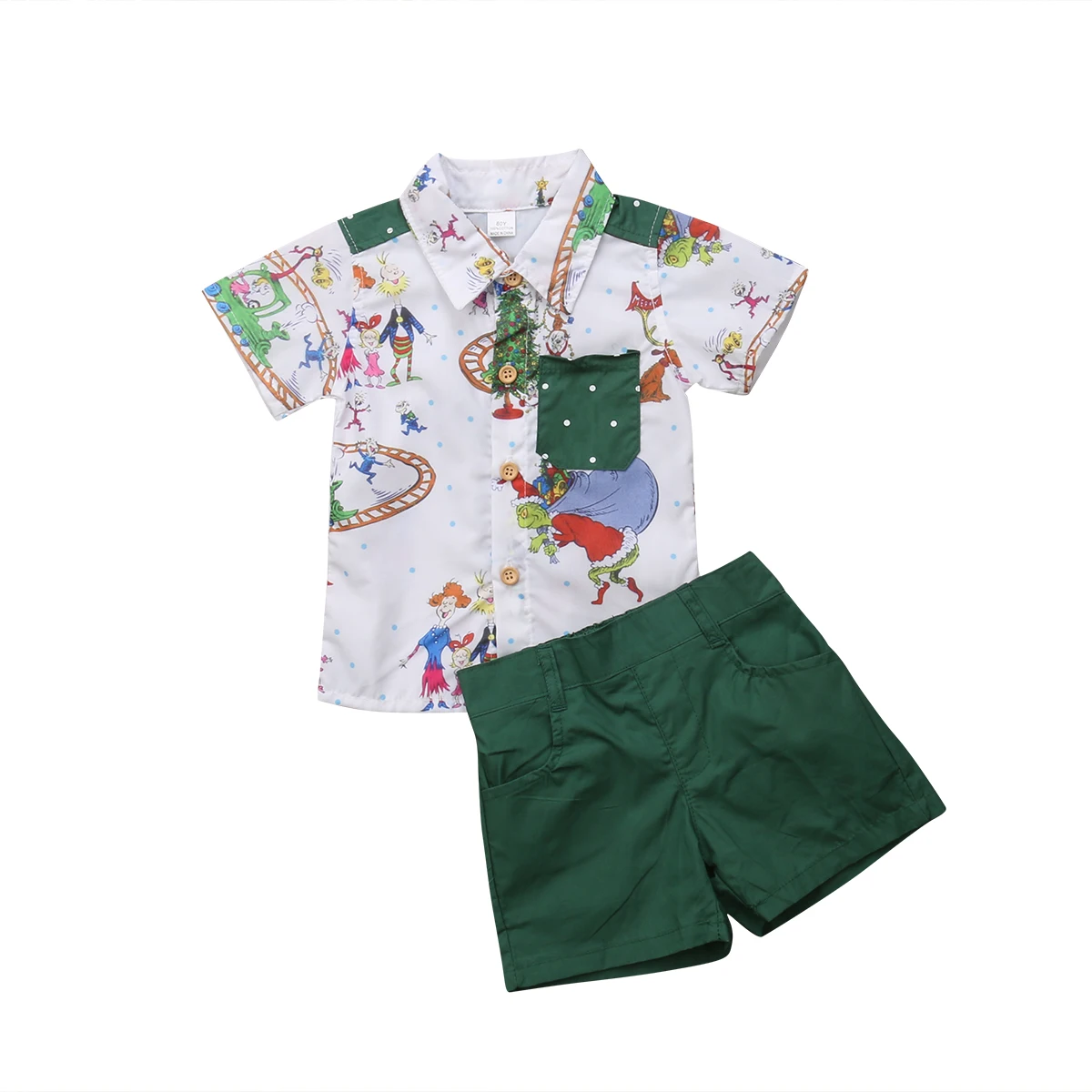 

Emmababy Christmas Toddler Baby Kids Boys Short Sleeve Cartoon Button T Shirt Tops +Short Outfit Clothes Set
