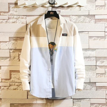 

Casual Patchwork Shirt 2019 Spring Men Button Big Size Korean Style Clothes Summer Slim Fit Fashions Camisa askeri mont 50CS034