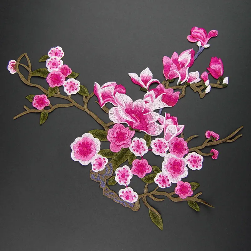 

Новинка, высокое качество, 32*26 см, вышитый цветок, патчи, большой предмет, цветок магнолии, дизайн, швейные патчи для одежды, бесплатная доставка