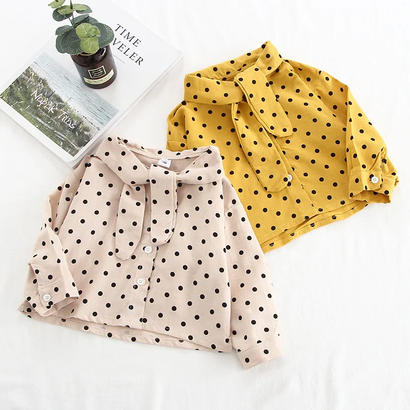 

Sweet cute boutique kids long sleeve fashion polka dots bow tie girls shirt