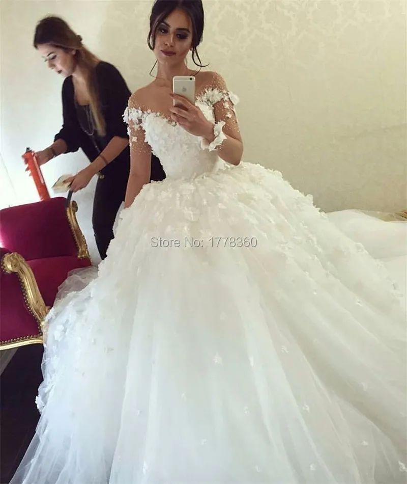 Long-Sleeve-Ball-Gown-2016-New-Sexy-Button-Back-White-Appliques-Tulle-Wedding-Dress-Bridal-Gown