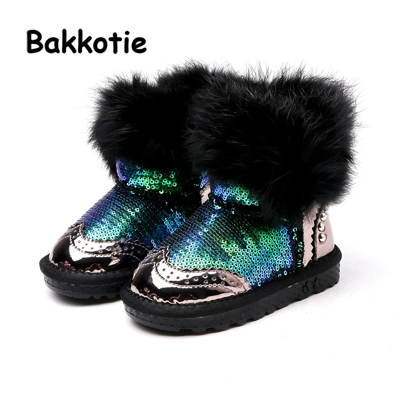 

Bakkotie 2018 Winter Fashion Baby Girl Snow Boots Children Black Genuine Fur Warm Flat Kid Brand Ankle Shoe Toddler Sequin Shoes