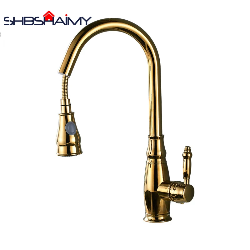 

Golden Finish Deck Mounted Kitchen Faucet Pull Out Dual Mode Water Spout Hot Cold Crane for Sink Taps Pull Down Any Derection