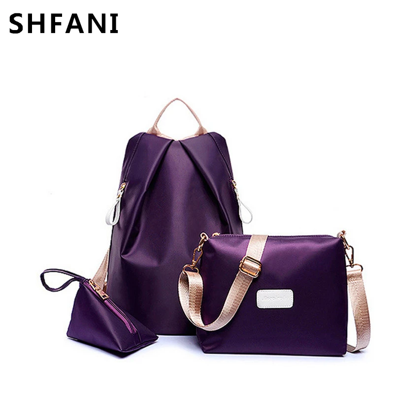 Shangfanni 2017 New Pattern Nylon Shoulder Bag 3 Pieces Sets PU Leather Women Backpack Summer Fashion