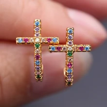 Радужные золотые маленькие серьги-гвоздики в форме Креста, полностью проложенный цвет, Кристальный кристалл, циркон, камень, каффы для ушей, женские серьги