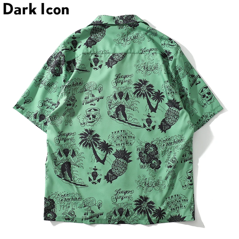 Dark Icon Skeleton Full Printed Retro Shirt Men Summer Street Men's Shirts Short Sleeved Shirts for Men Green White