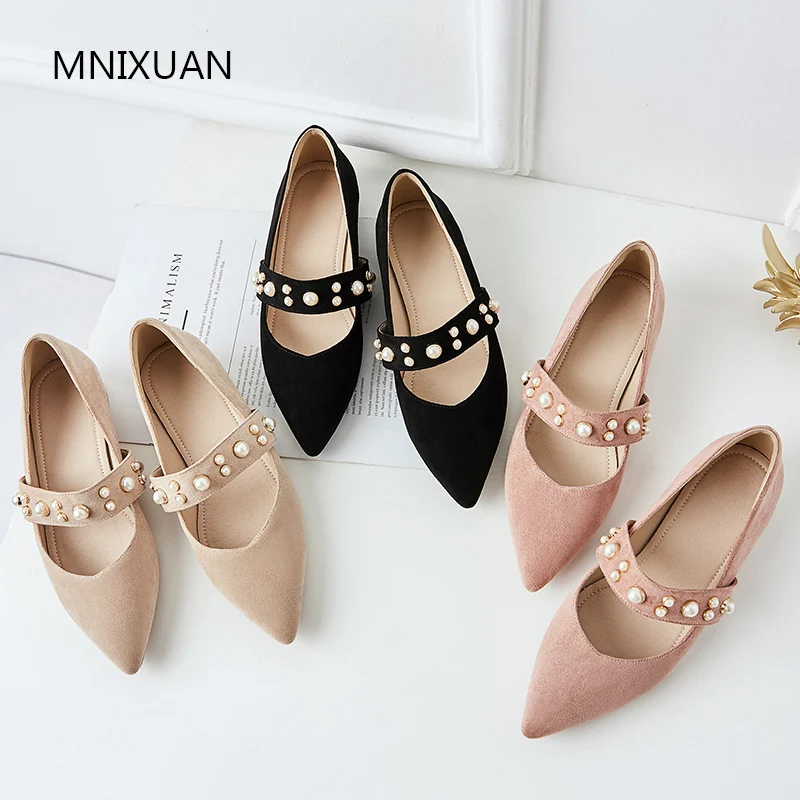 

MNIXUAN Comfortable spring women pumps shoes low heel 2019 new suede pointed toe elastic band block heeled pearls big size 34-43