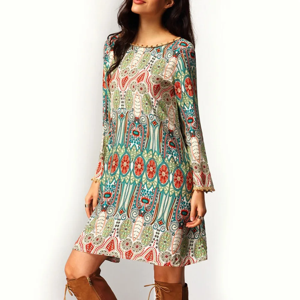 2016 Fashion Summer Vintage Ethnic Dress Sexy Women Boho Floral Printed Casual Beach Dress Loose Sundress