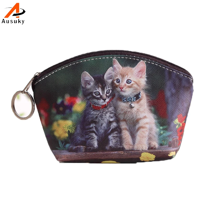 PU Leather Cat Coin Purse Printing Key Holder Mini Key Organizer
