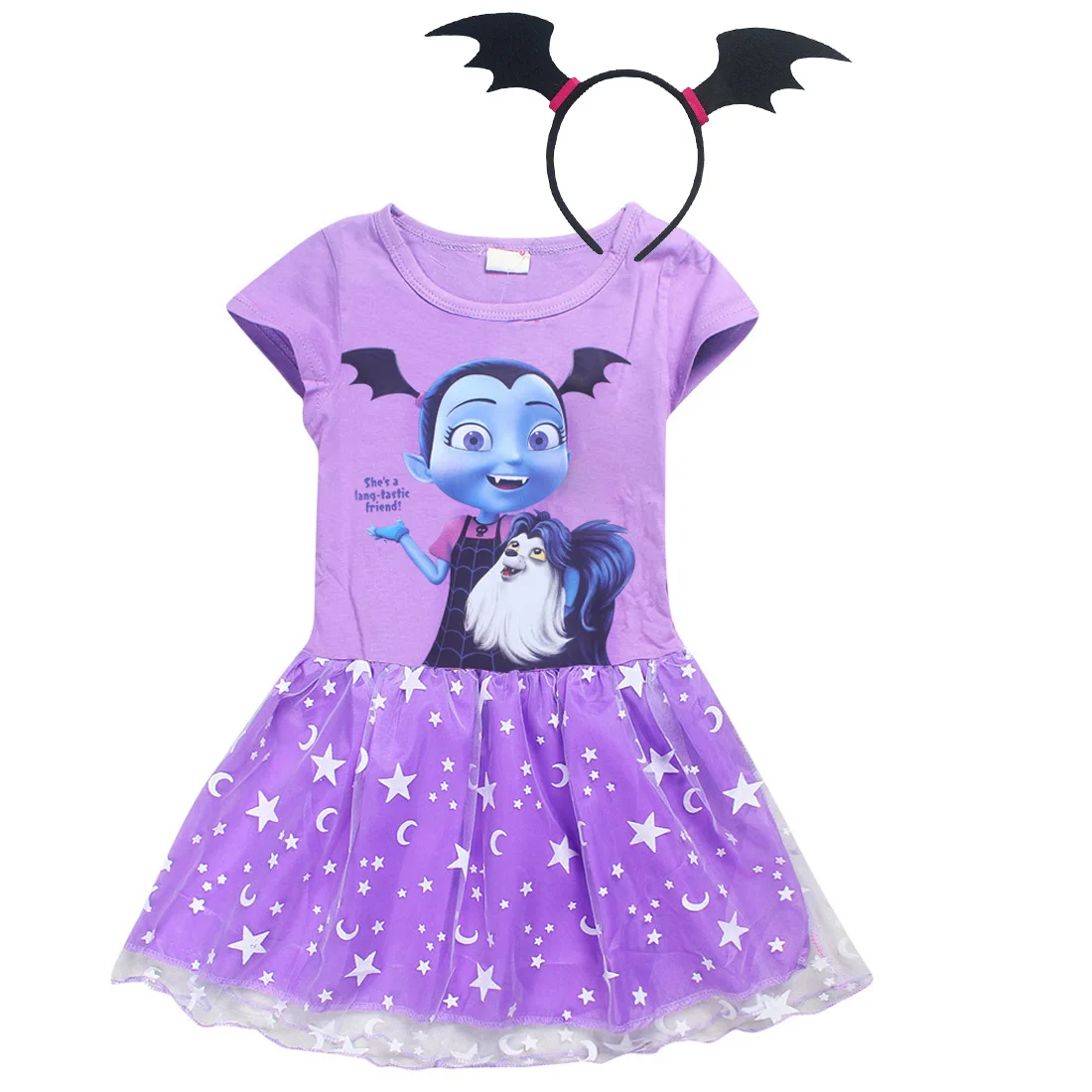 Girls Dress Summer Fashion Vampire Kids Dress Princess Vampirin Children Dresses print Girls Clothes 3 4 6 7 8 Year Costume - Цвет: D6156-Headband