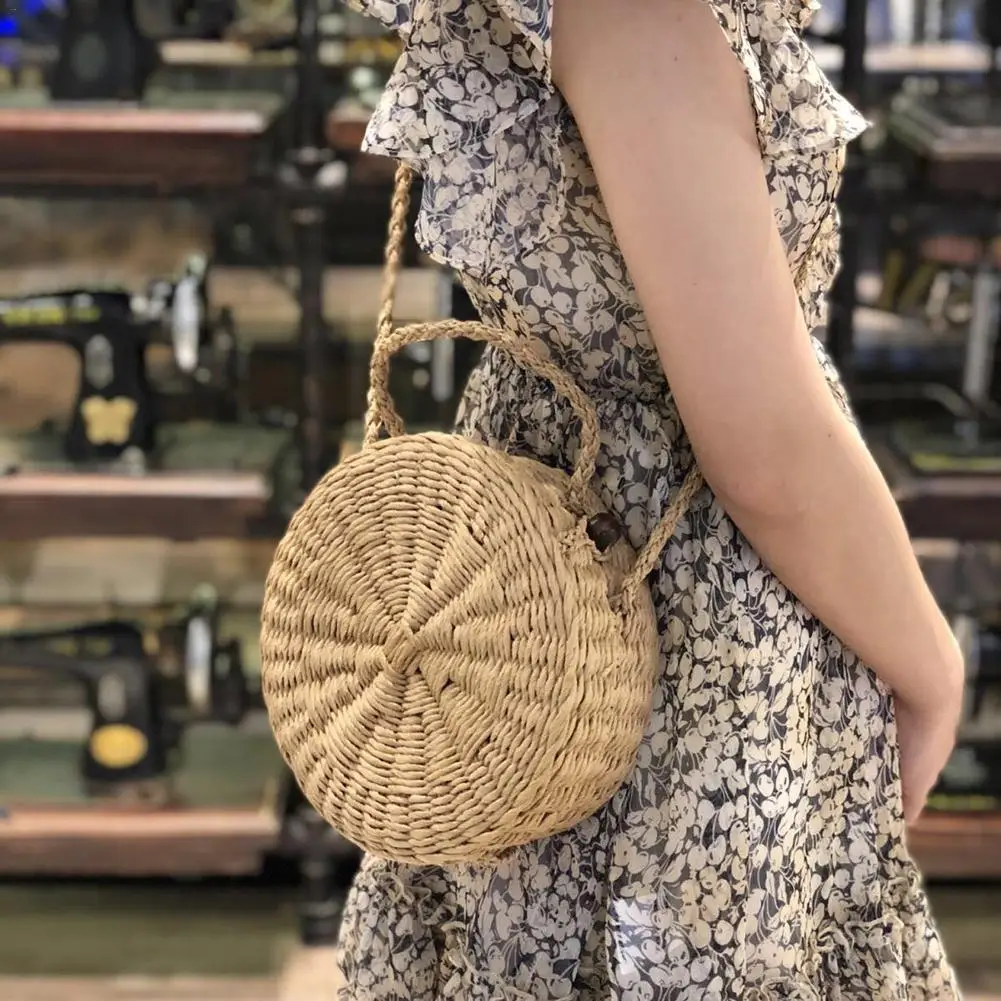 Straw Braided Round Rattan Bag Fashionable Natural Straw Hand-woven Holiday Beach Single-shoulder Bag For Women Ladies bags