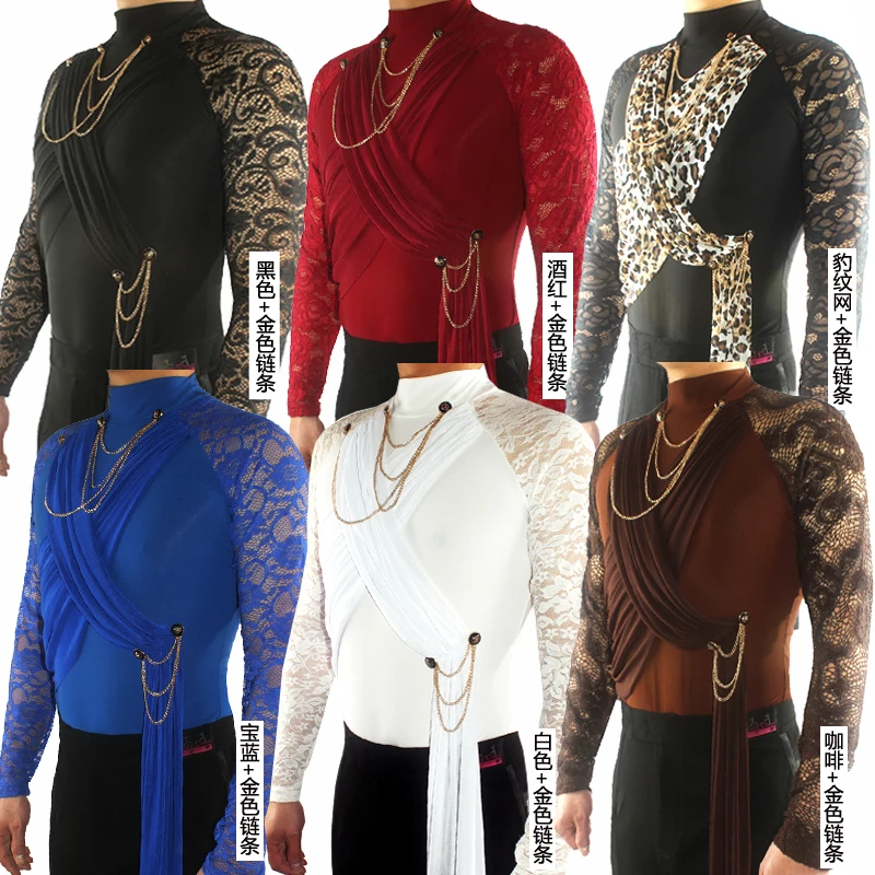 Latin Dance Shirts Men Lace Print Long Sleeve High Collar Male Competition Performance Dancing Top Cha Cha Rumba Samba DNV11331