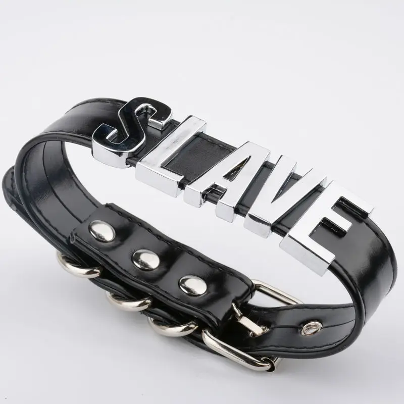 Comprar Gargantilla de letra personalizada negra hecha a mano con nombre de oro y plata Collar de esclavo para mujeres y niñas Bondage Cosplay fetiche