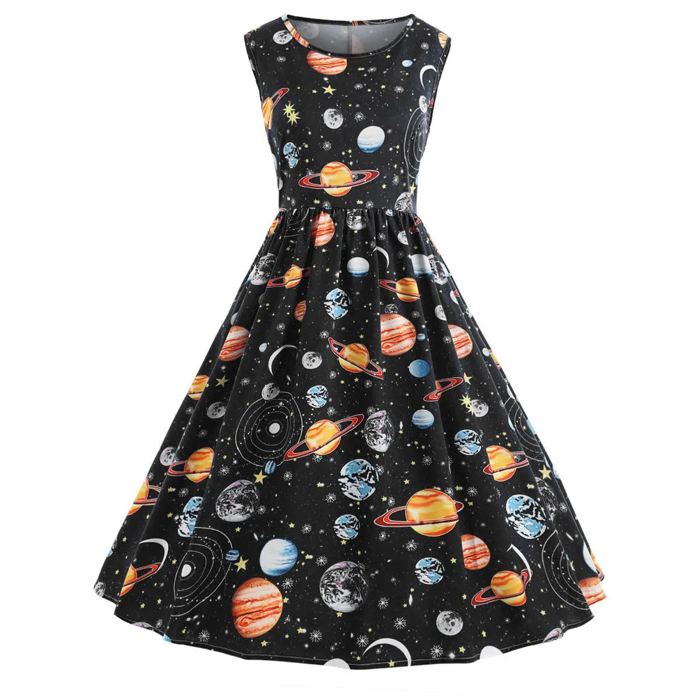 

feitong summer dress women with sleeves Women Vintage Printing Starry Sky Planet Space Dress sexy dress #w30