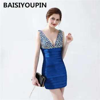 

Party Dresses Vestido De Festa Curto 2020 Deep V Neck Sexy Mini Short Cocktail Dresses with Crystals