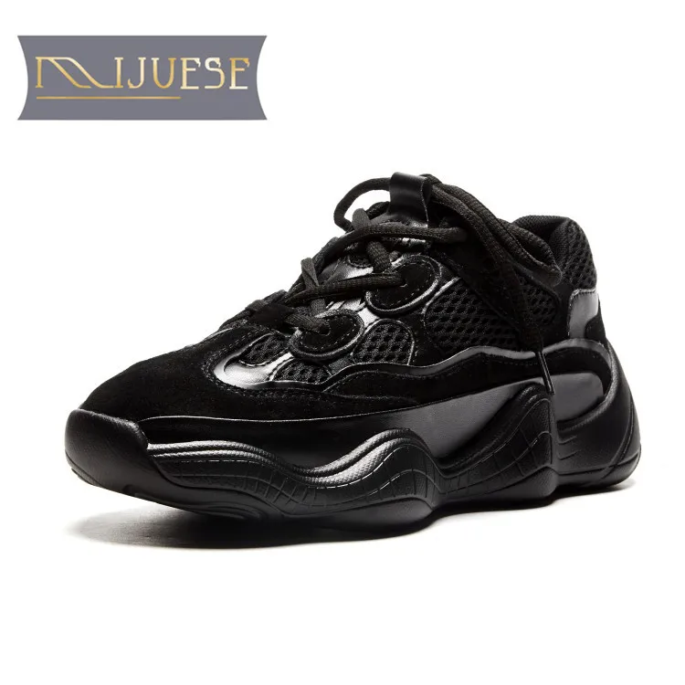 

MLJUESE 2018 women sneakers cow leather+air mesh lace up black color autumn spring Vulcanize Shoes fashion Dad sneakers