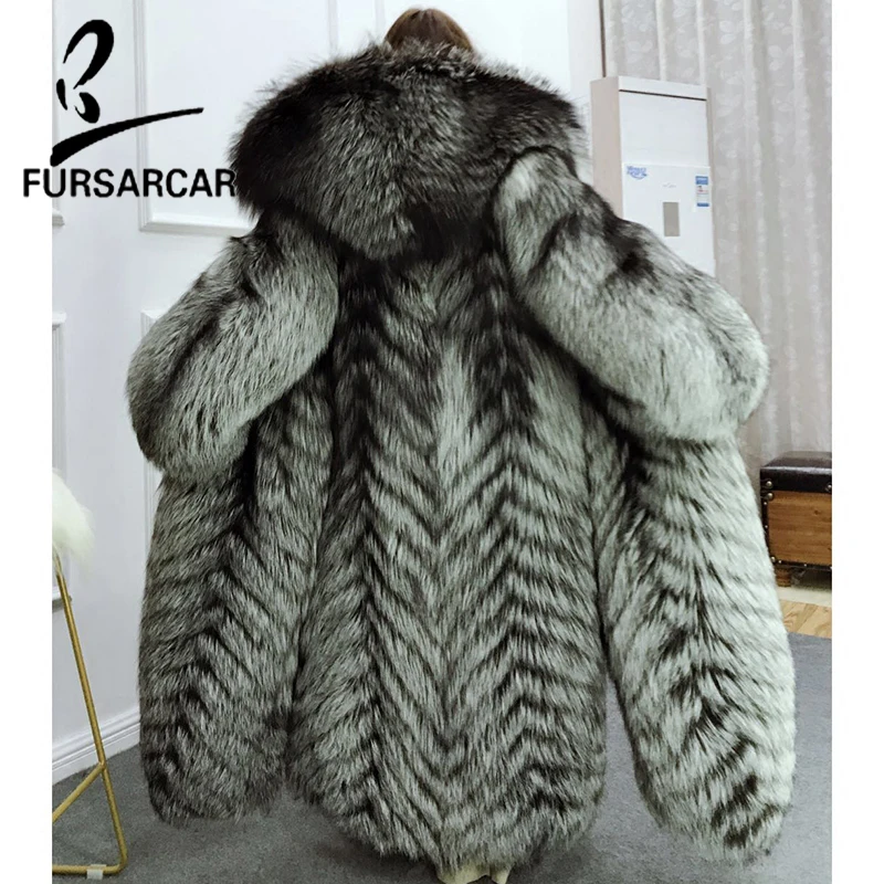 

FURSARCAR Super Luxury Real Fox Fur Coat Women Natural Silver Fox Fur Jacket 2019 New Fashion 120cm Long Genuine Fox Fur Outwear