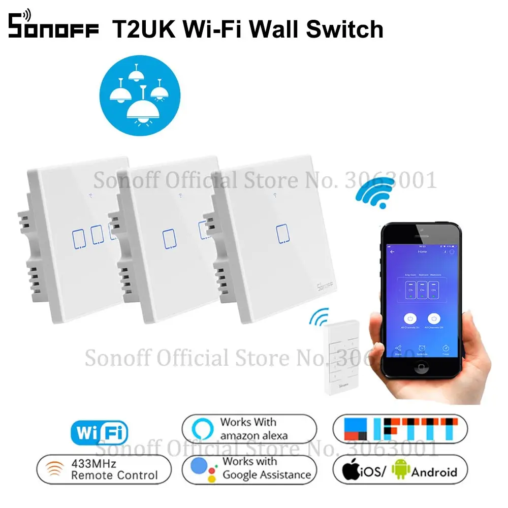 

SONOFF T2UK Wifi Wall Light Touch Switch,1/2/3 Gang Smart Switch Alexa, 433 RF/Voice/APP Remote Control Switches Glass Panel TX