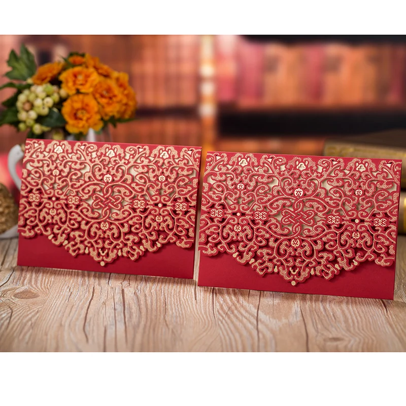 

100pcs Red Laser Cut Flora Wedding Invitation Card Lace Elegant Greeting Card Envelopes Birthday Wedding Party Favor Decorations