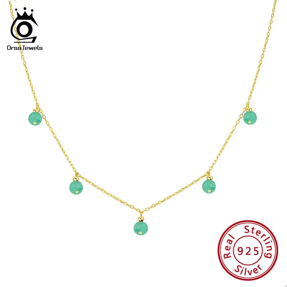 

ORSA JEWELS 925 Sterling Silver Choker Necklaces For Women Natural Green Stone Aventurine Beads Gold Color Chain Jewelry OSN149