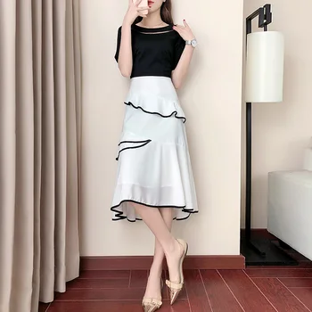 

new fashion dress women short sleeve O neck black white patchwork girl outfit vestidos Korean style size S-XL casual dresses