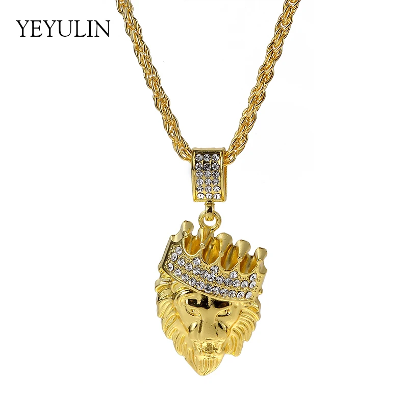 

New Arrival Hip Hop Crown Lion Crystal Pendant Necklace Long Cuba Chain Statement Jewelry For Male