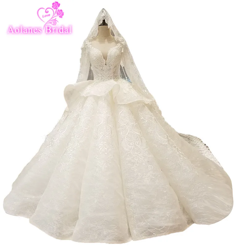 AOLANES font b 2018 b font Arabic Natural White Lace V neck Long Sleeves Bridal Gown