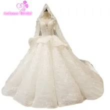 AOLANES font b 2018 b font Arabic Natural White Lace V neck Long Sleeves Bridal Gown