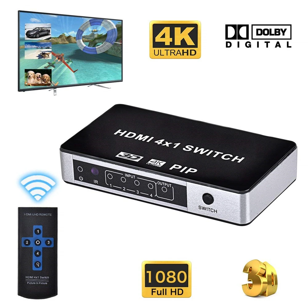 Мини 4K 4 порта HDMI PIP переключатель 4x1 HDMI переключатель PIP подставка; картина-в-картинке Переключатель HDMI PIP с ИК-пультом дистанционного управления для PS4