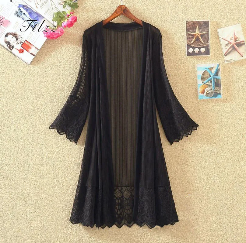 

2018 Women Jacket New Summer 3/4 Sleeved Medium Long Cardigan Ladies Basic Plus Size 4xl Thin Coats Casual Black Lace Jackets