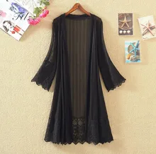 2018 женская куртка новый летний 3/4 с длинными рукавами средней длины кардиган дамы базовый размер плюс 4xl тонкие пальто случайные черные круж...(China)