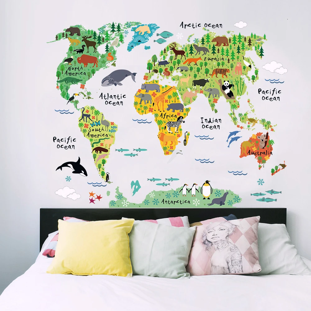 Забавные и развивающие съемный поделки ПВХ Настенные обои животных карта мира наклейки на стену Наклейка для украшения дома 60X90 см