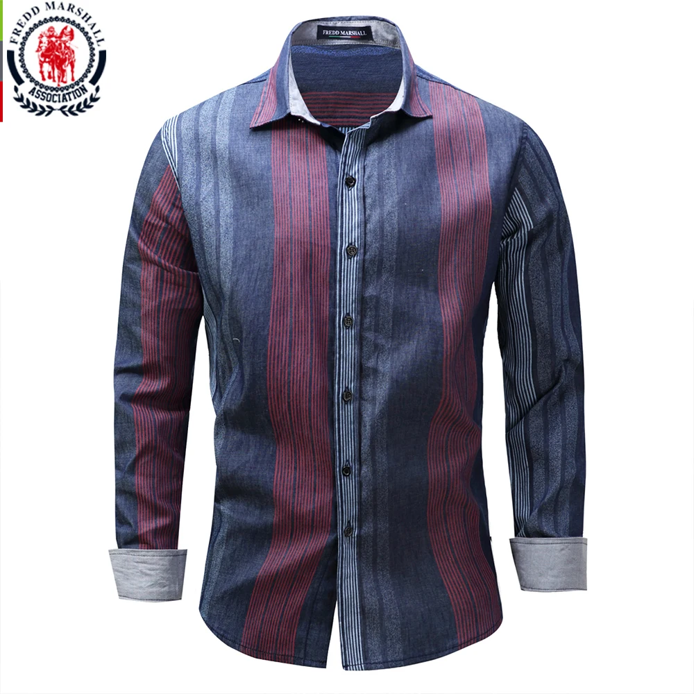 Fashion Mens Long Sleeve Vintage Dress Shirts Casual Striped Patchwork