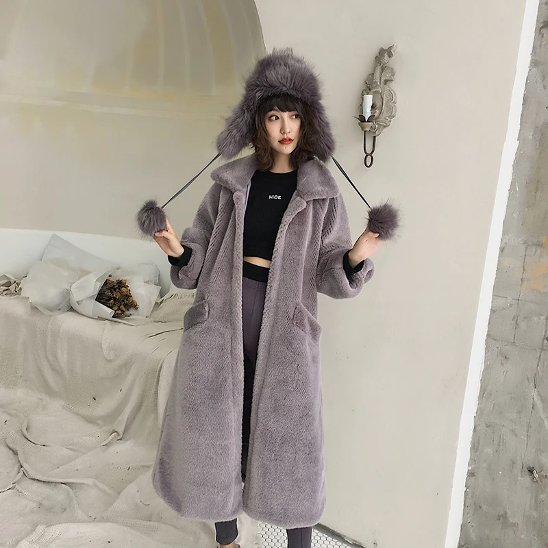 Плюс размер, искусственный мех, зимнее женское пальто, длинное, тонкое, толстое, теплое, роскошная плюшевая куртка, кроличья шерсть, тонкая верхняя одежда с поясом, OKD601