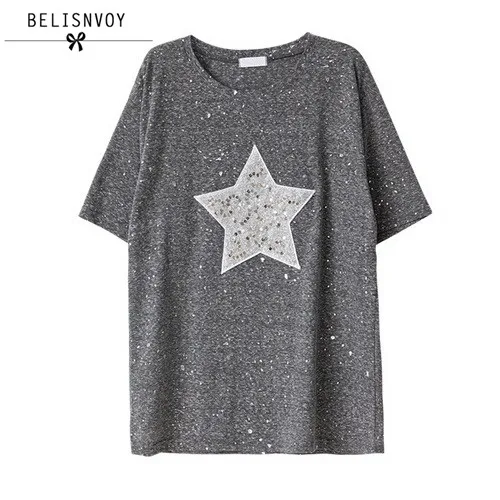 Женская летняя футболка размера плюс с блестящими звездами с блестками, женская модная Свободная Повседневная футболка