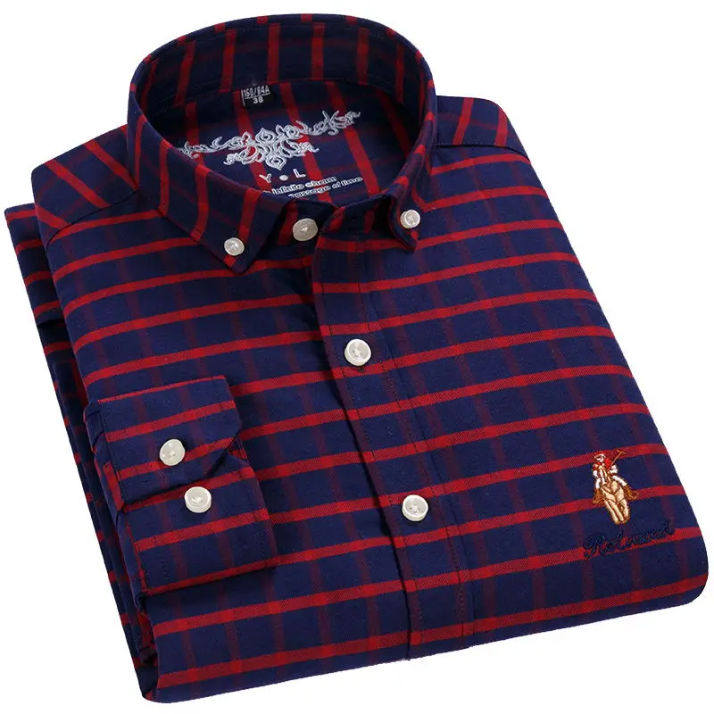 Camisa Masculina 100% Хлопок Клетчатая оксфордская рубашка с левой грудью вышивка умная Повседневная Обычная посадка на пуговицах мужская рубашка