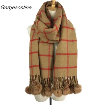 

Hot selling classical design many colors popular fashion plaid scarf stole with rabbit fur pom poms