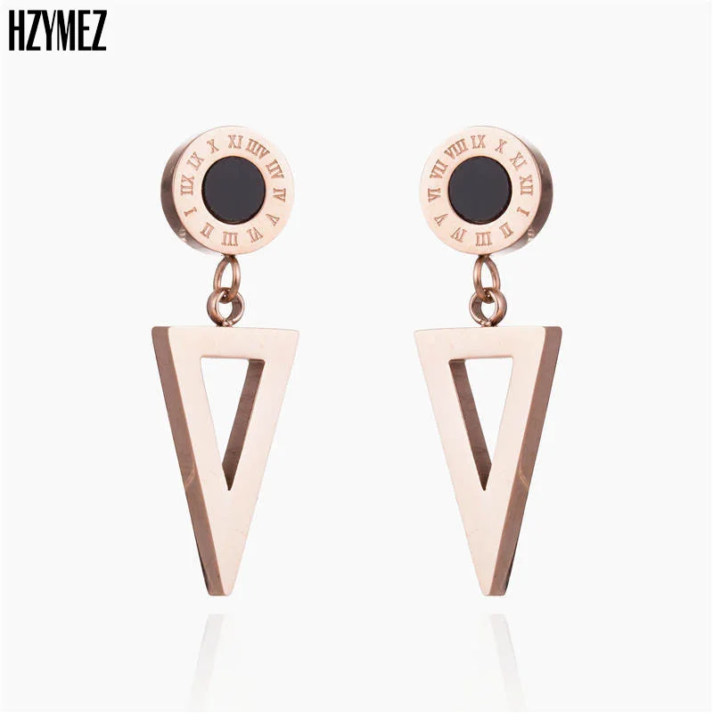 HZYMEZ Fashion Pop Titanium steel Women Earrings Hollow Triangle Stud Earring Rose Gold Color Black Acrylic Jewelry Gift | Украшения и