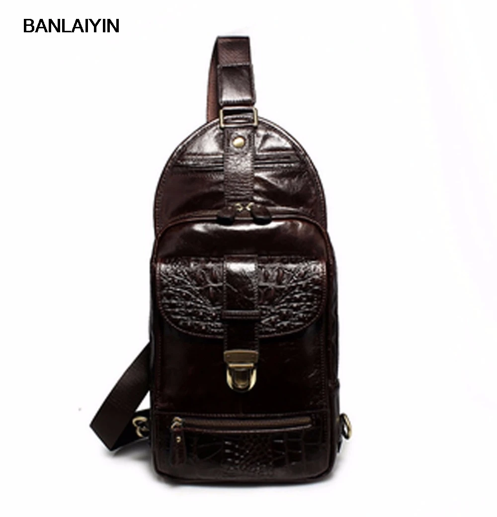 

New Men High Quality First Layer Cowhide Sling Chest Pack Bag Crocodile Pattern Genuine Leather Cowhide Shoulder Messenger Bag