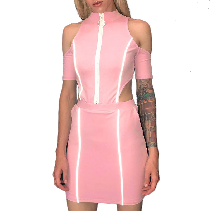 

Summer Style Pink Dress with Reflective Stripes Women Turtleneck Zip Short Dress Hollow Out Short Sleeve One Pieces Pencil Dress