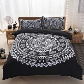 

2019 New Luxury Boho Bedding Set Crystal Arrays Mandala Bed Set Duvet Quilt Cover Black Printed Bedspread 3Pcs/set Free Shipping