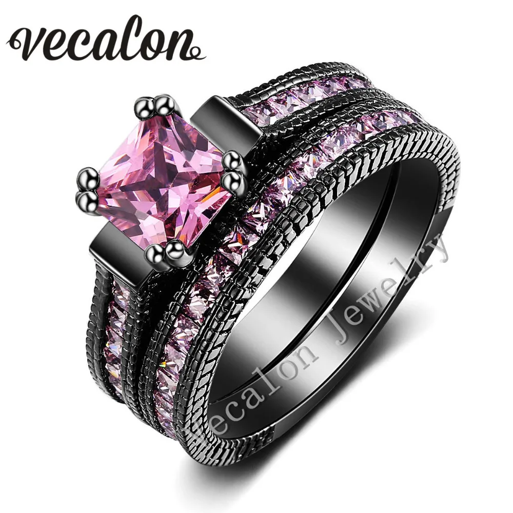 vecalon vintage wedding band ring set for women pink sapphire simulated diamond cz 14kt black gold - Black And Pink Wedding Ring Sets vecalon vintage wedding band ring set for women pink sapphire simulated diamond cz 14kt black gold - Black And Pink Wedding Ring Sets