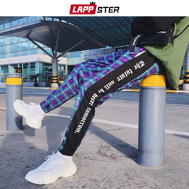 Offerte LAPPSTER Uomini Streetwear Plaid Pantaloni Pantaloni Pantaloni 2019 Mens Patchwork Blu Pantaloni Della Tuta Ankel lunghezza del Cotone Hip Hop Pantaloni Pista Pantaloni
