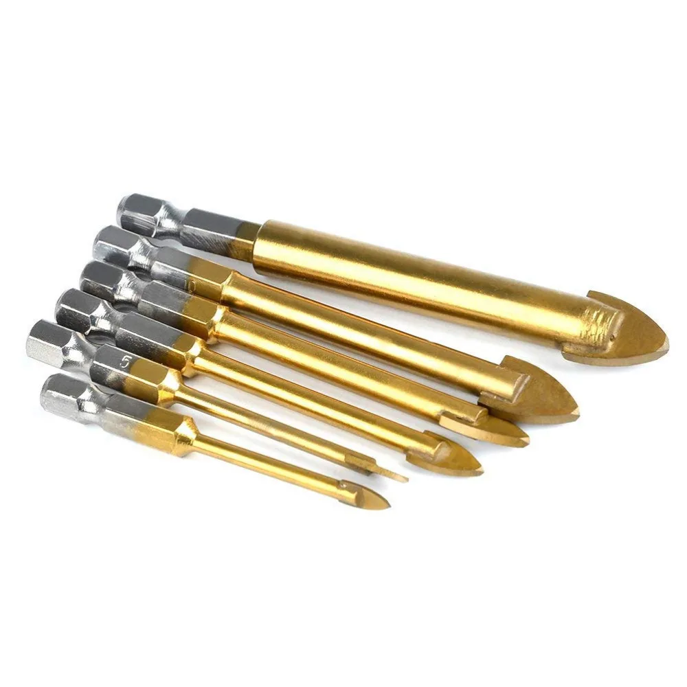 6Pcs Tile Glass Drill Bit Set 4-12mm Spear Head Titanium Coating Hex Shank Drill Bit for Glass Tile Ceramic Porcelain Marble